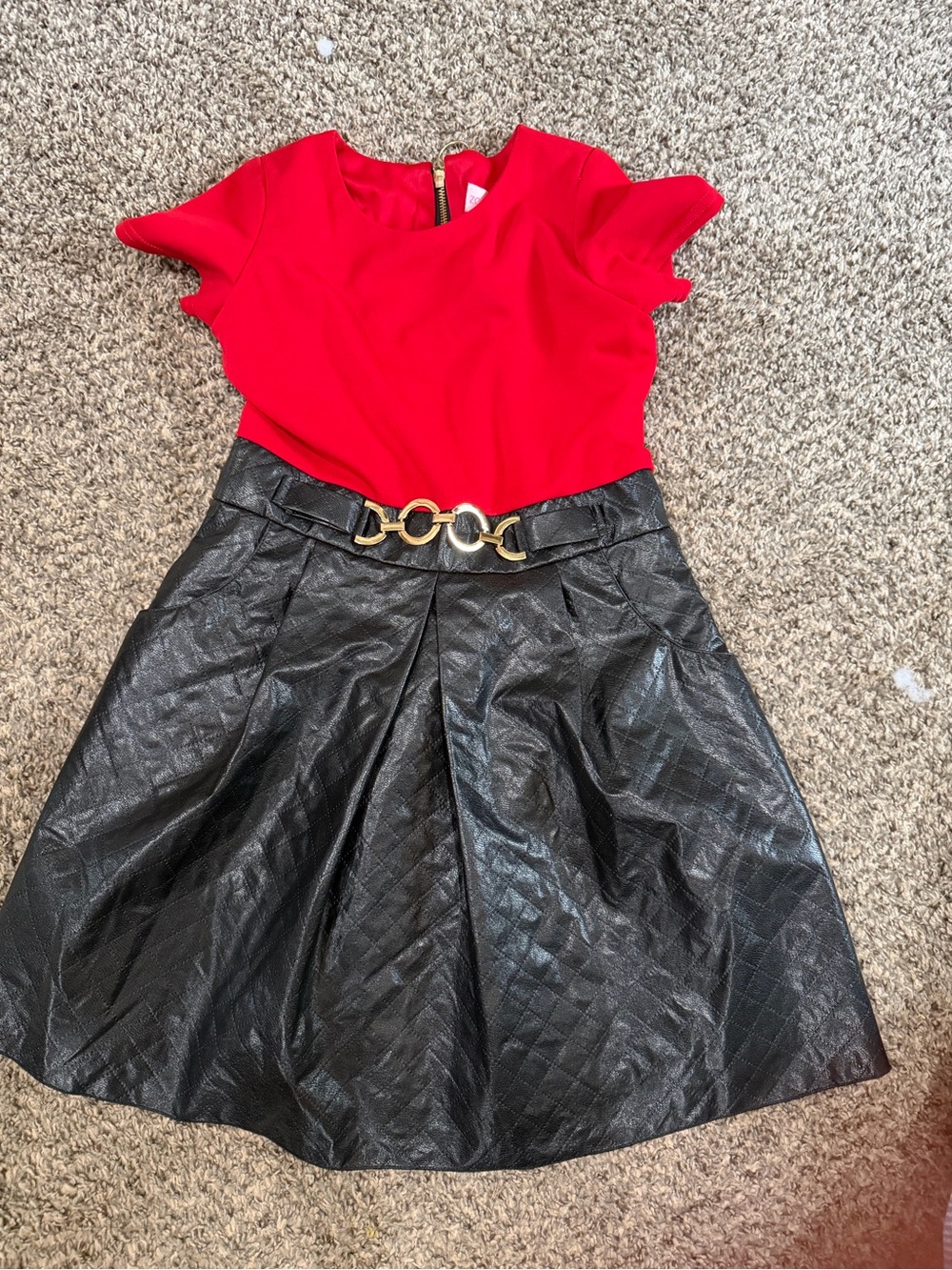 Zoe Ltd Red Top with Black Quilted Skirt and Gold Accent